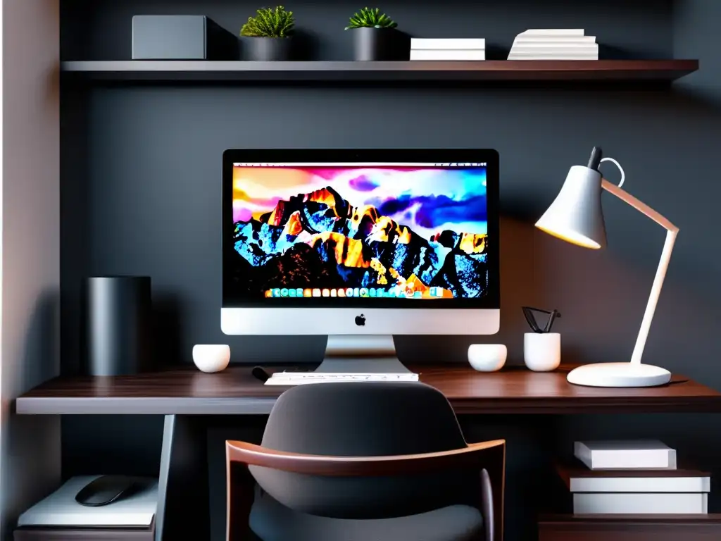 Oficina minimalista con escritorio de madera oscuro Oficina minimalista con escritorio de madera, silla ergonómica y elementos organizados
