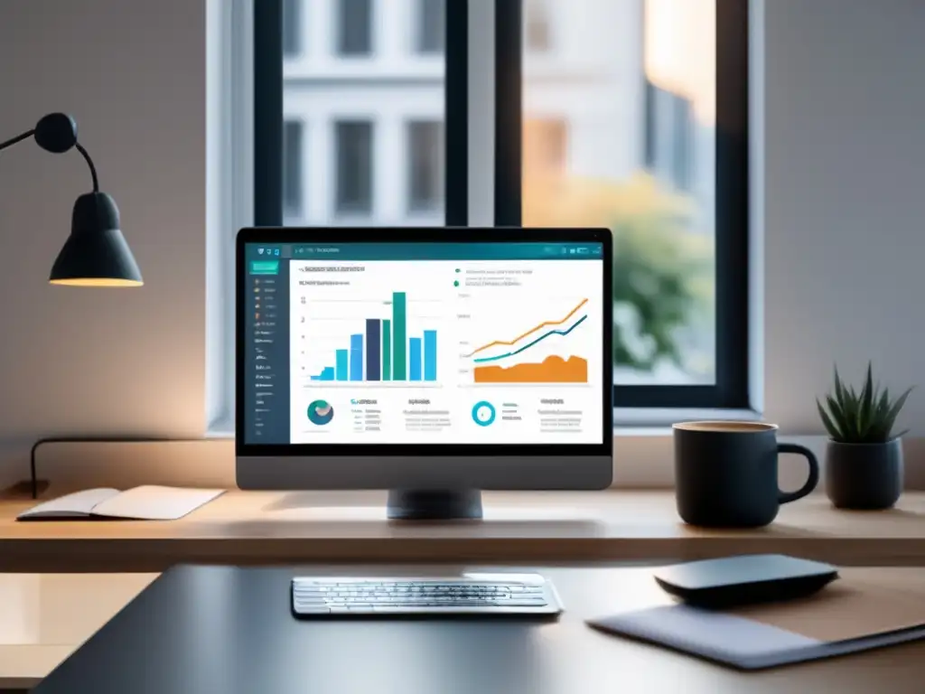 Espacio de trabajo minimalista con enfoque financiero Espacio de trabajo minimalista con escritorio moderno, laptop, cuaderno y café