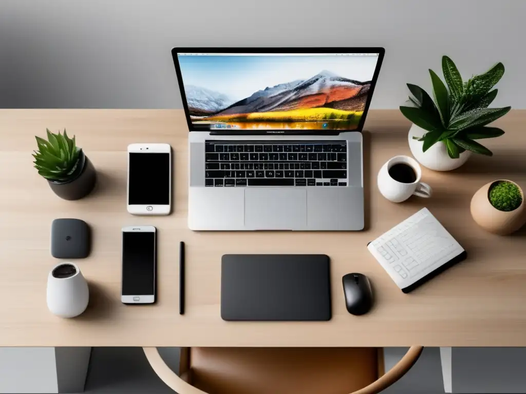Espacio de trabajo minimalista y elegante Escritorio minimalista con laptop, cuaderno y bolígrafo: Estrategias para establecer metas financieras para freelancers