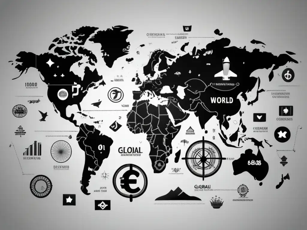 Mapa mundial de divisas con iconos representativos Mapa mundial en blanco y negro con íconos de monedas que representan simbólicamente las diferentes monedas utilizadas por freelancers