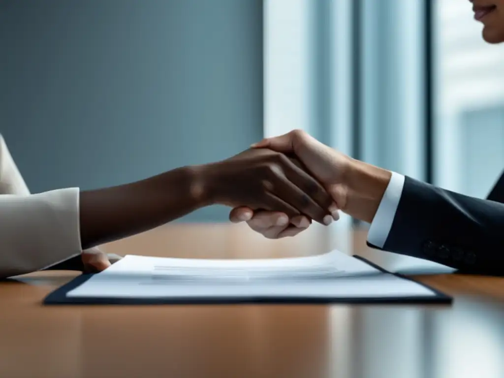 Negociación de contrato: Colaboración profesional Negociación de contrato: Manos elegantes sobre documento, mesa moderna y luz brillante