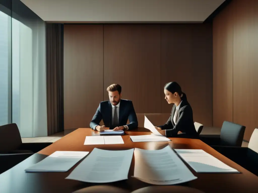 Negociación de contratos: Tensión y resolución Resolución de disputas financieras en contratos freelance: imagen de negociación profesional con individuos serios y papeles de contrato