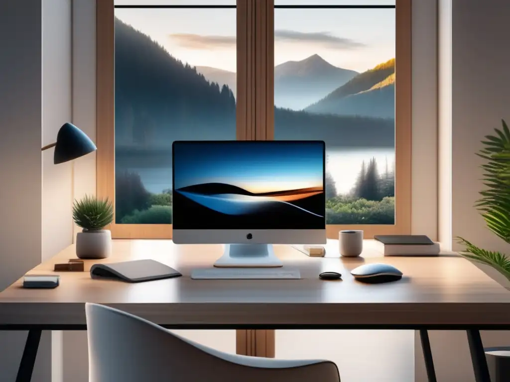 Espacio de trabajo minimalista y sereno Oficina en casa minimalista con vista a la naturaleza: ingresos pasivos para freelancers