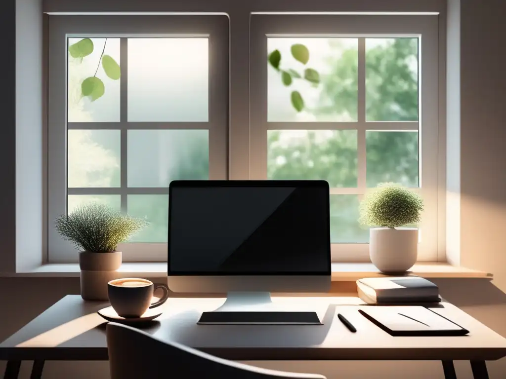 Oficina en casa serena y minimalista Oficina en casa: escritorio moderno con vista a jardín tranquilo para generar ingresos pasivos