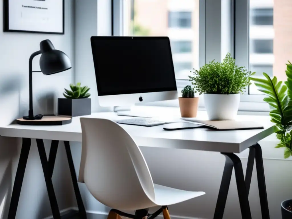 Oficina en casa organizada y productiva Home office minimalista con escritorio blanco, laptop, silla cómoda y suministros de oficina ordenados