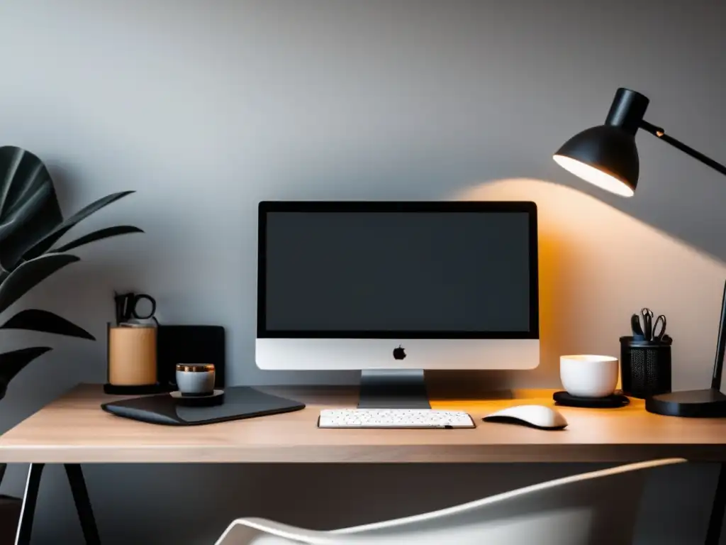 Espacio de trabajo minimalista y organizado Oficina en casa minimalista con escritorio, silla ergonómica y accesorios - Deducciones fiscales para freelancers