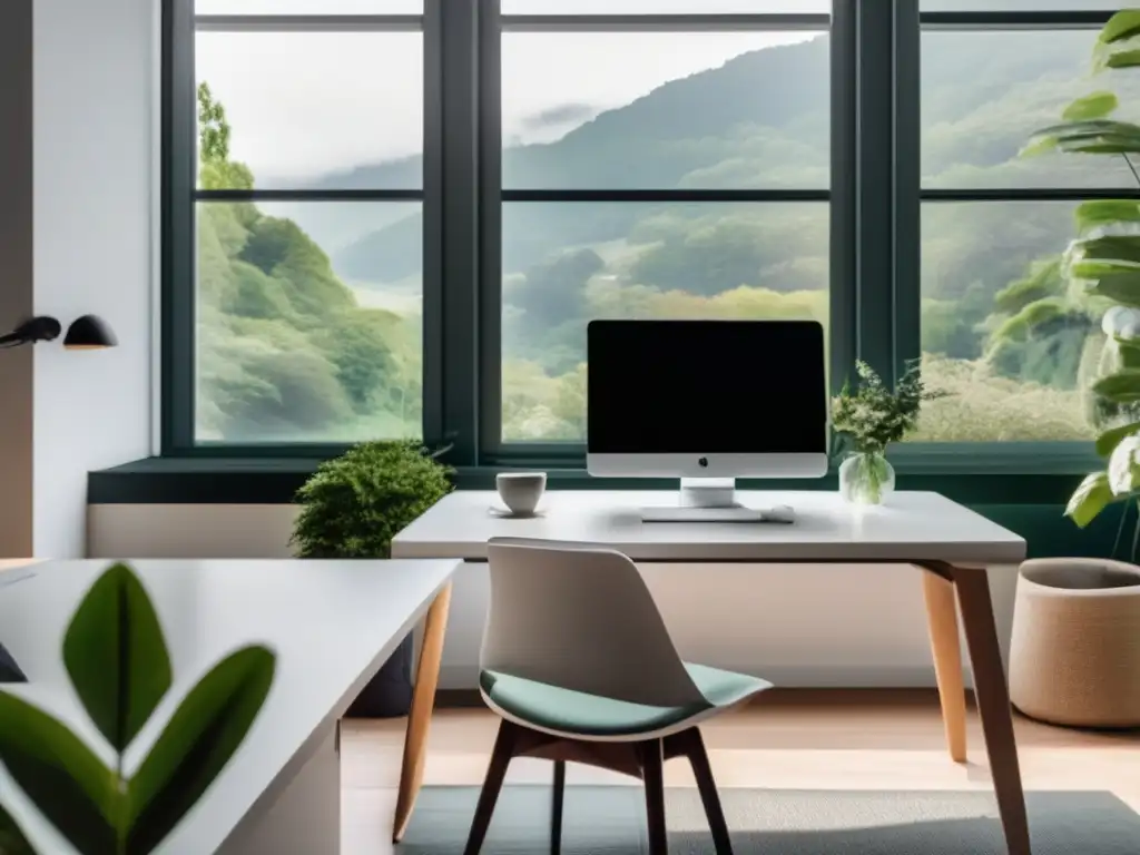 Oficina en casa serena con vista al jardín verde Oficina en casa con escritorio blanco, vista al jardín y marketing de afiliados para freelancers