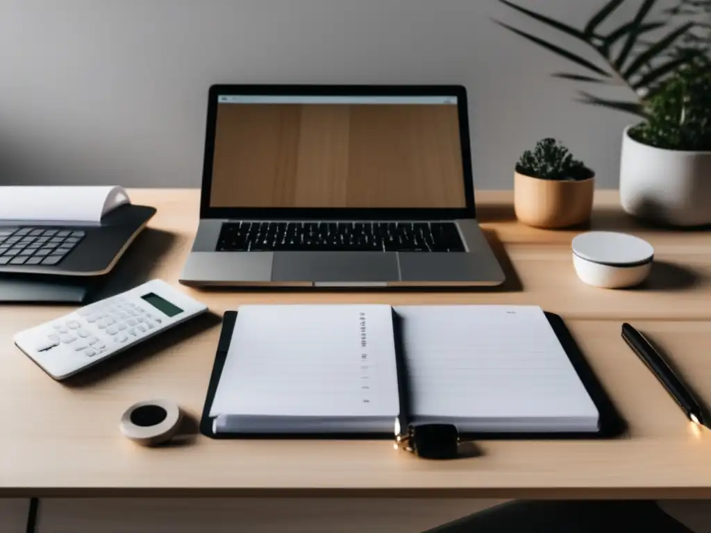 Espacio de trabajo minimalista organizado con asesoramiento profesional Espacio de trabajo minimalista con escritorio de madera clara