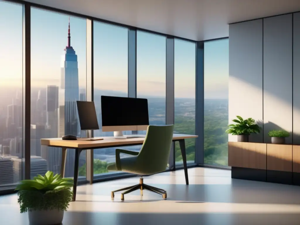 Espacio de oficina minimalista y profesional Espacio de oficina minimalista con vista a la ciudad y estrategias de inversión inmobiliaria para freelancers