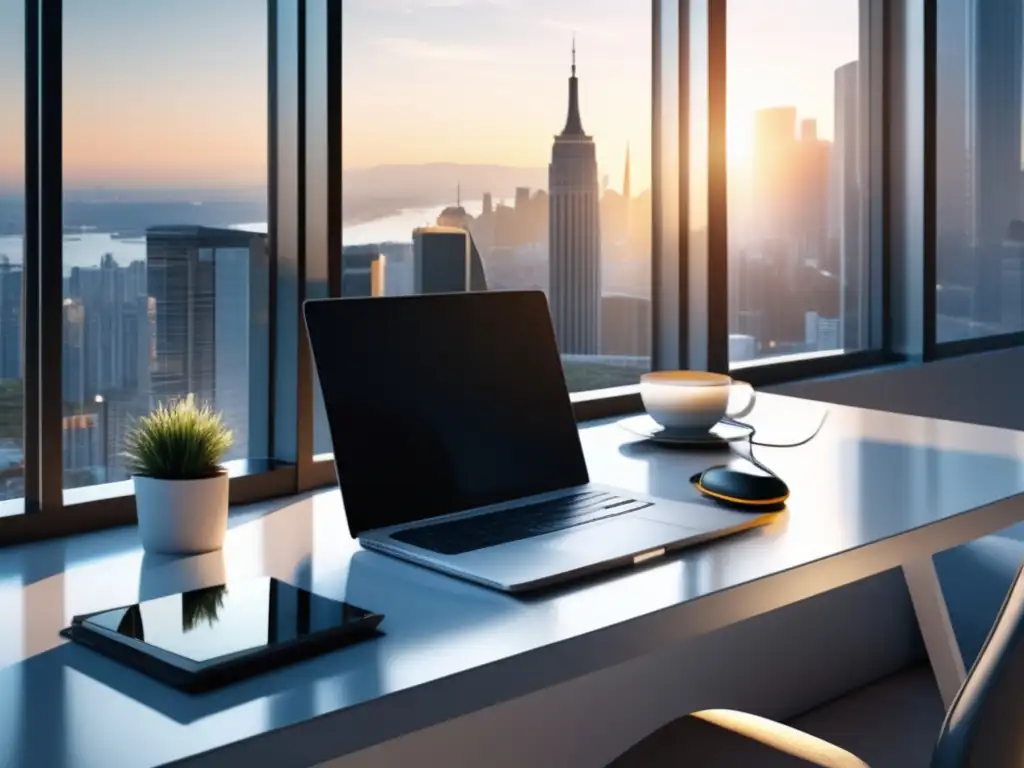 Espacio de trabajo minimalista con vista a la ciudad Oficina minimalista con vista a la ciudad: generar ganancias pasivas como freelancer