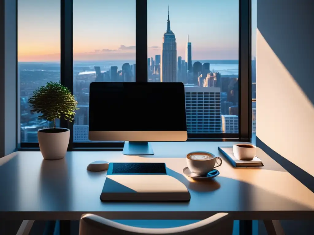 Espacio de oficina moderno y minimalista Ventajas de ser freelancer en economía global: Espacio de oficina minimalista con vista a la ciudad