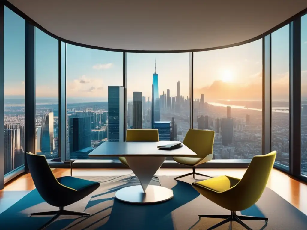 Oficina minimalista con vista a la ciudad Oficina minimalista con vista panorámica de la ciudad, simbolizando las finanzas de los freelancers en tiempos de cambios económicos mundiales