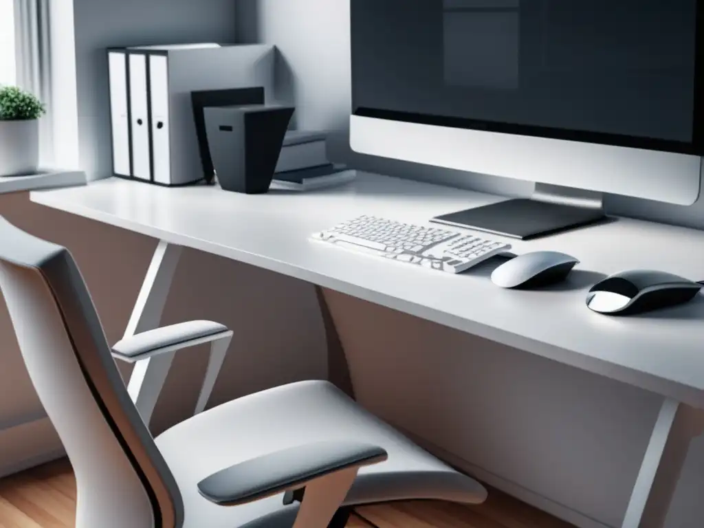 Oficina minimalista en casa Oficina minimalista en casa con escritorio blanco, silla ergonómica y deducciones fiscales para freelancers