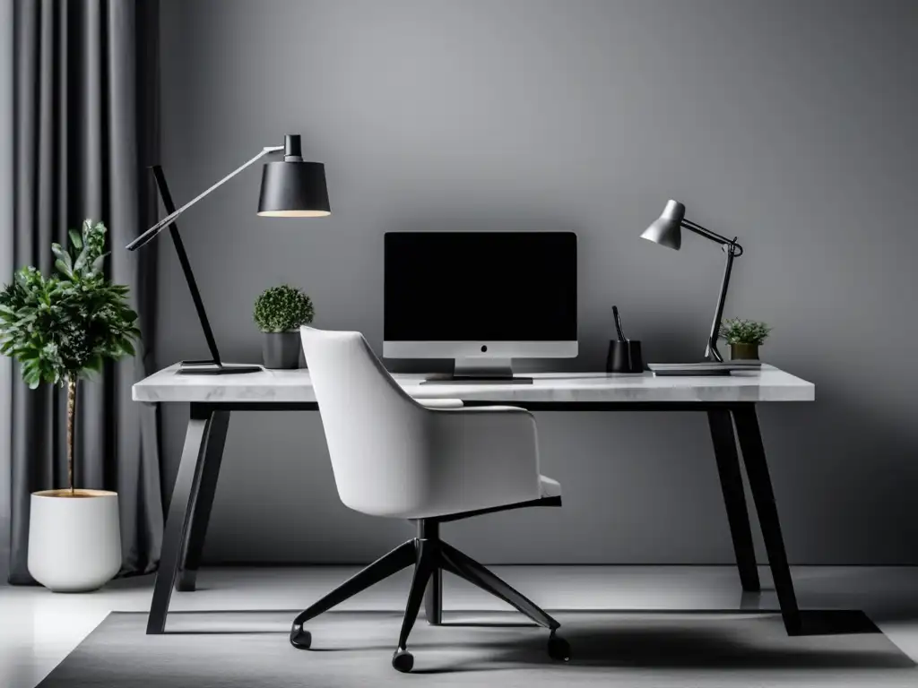 Minimalista y profesional: Oficina en casa Oficina minimalista con escritorio de mármol blanco, silla ergonómica, laptop y vista a un jardín tranquilo