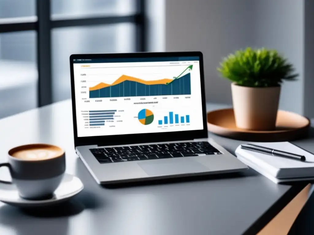 Espacio de trabajo financiero Opciones de crédito para freelancers en un espacio de trabajo minimalista con laptop, notas y café