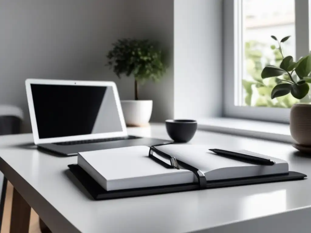 Espacio de trabajo minimalista y organizado Escritorio minimalista con laptop moderna, notas y pluma organizadas