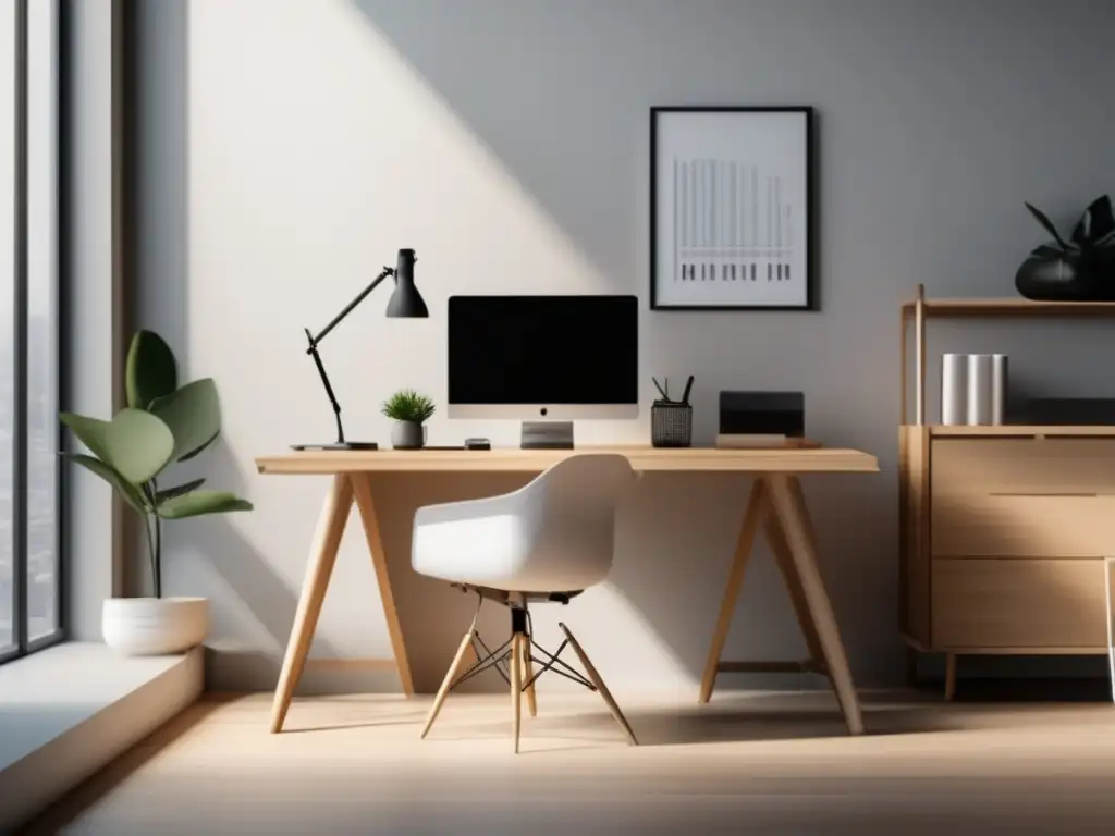 Oficina minimalista con escritorio de madera clara Oficina minimalista con escritorio de madera clara, laptop mostrando gráfico de crecimiento financiero y vista panorámica de la ciudad