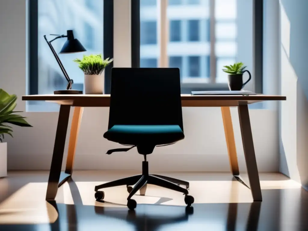 Espacio de trabajo minimalista y moderno Espacio de trabajo minimalista con escritorio elegante, silla cómoda y laptop