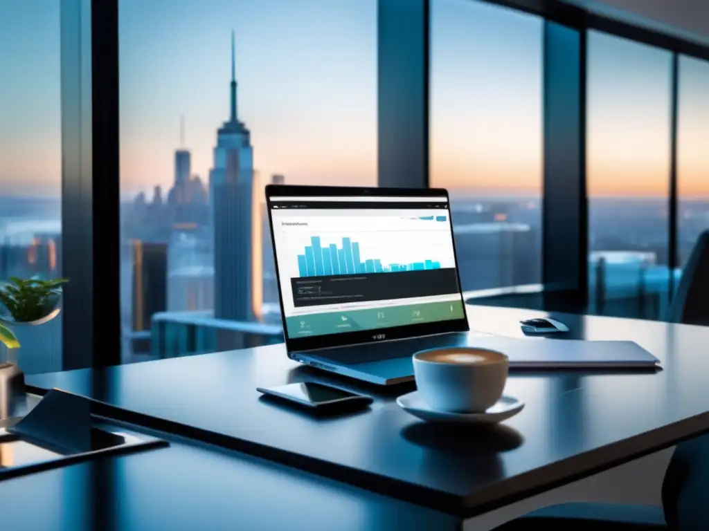 Oficina moderna con vista panorámica y Xero Oficina moderna con vistas panorámicas de ciudad, escritorio impecable con laptop Xero y café