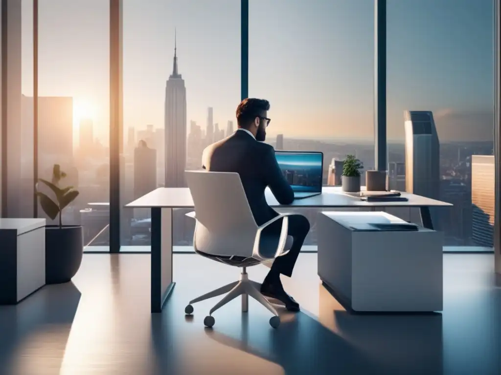 Oficina moderna con vista a la ciudad Freelancer negociando tarifas más altas en sector financiero especializado