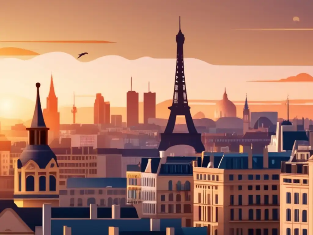 Oportunidades financieras europeas Ilustración minimalista de una ciudad europea al atardecer, con la Torre Eiffel, Big Ben, el Coliseo y la Puerta de Brandeburgo