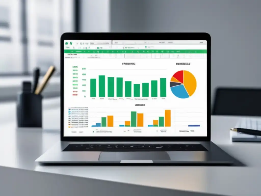 Finanzas organizadas con laptop Laptop en escritorio blanco con gráficos financieros y utensilios, transmitiendo simplicidad y organización - Cursos de finanzas para freelancers