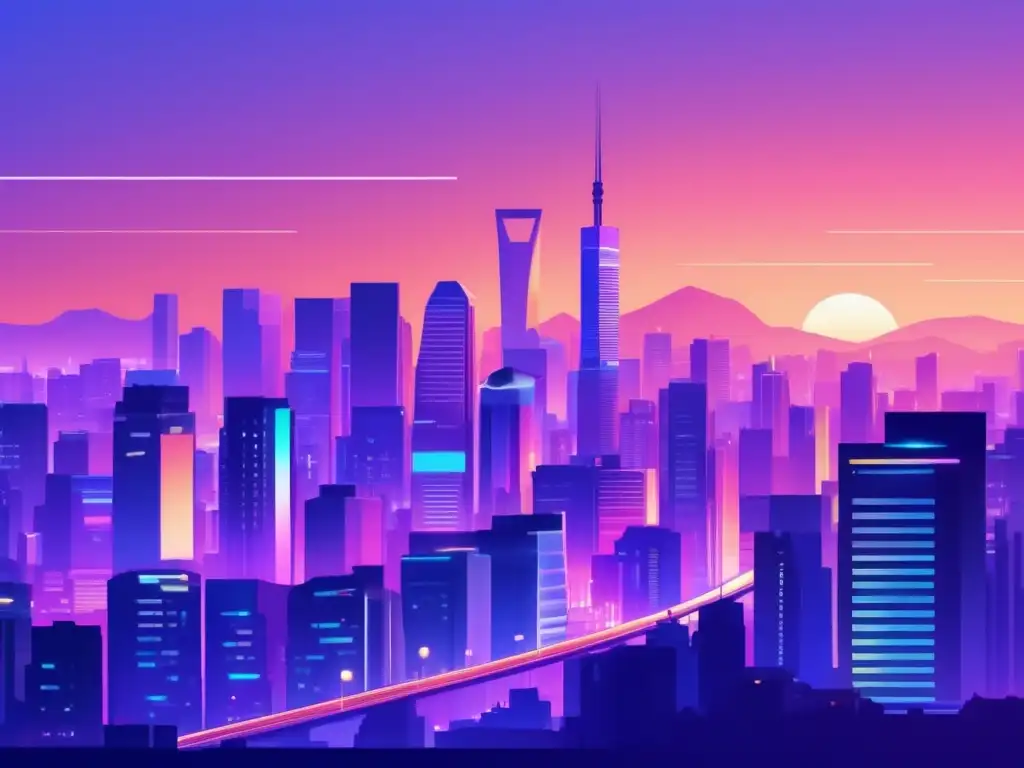 Ciudad asiática vibrante y freelancer concentrado Ilustración minimalista de una ciudad asiática vibrante al atardecer, fusionando el paisaje urbano con técnicas financieras para freelancers en Asia
