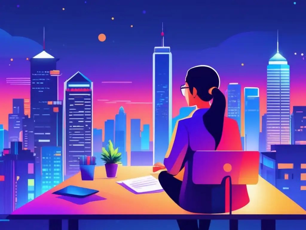 Ciudad asiática nocturna con freelancer Panorama nocturno de una ciudad asiática con rascacielos iluminados