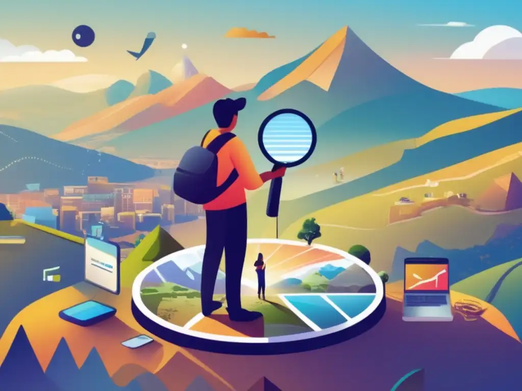 Persona analizando nichos y mercados Persona en montaña, negocio en línea y diversificar ingresos con cursos y tutoriales online