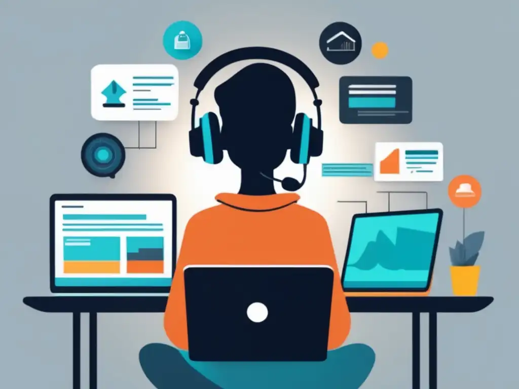 Persona creando cursos en línea Persona enfocada en crear y vender cursos y tutoriales en línea rodeada de herramientas creativas y organización