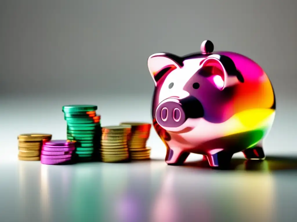 Piggy bank de vidrio transparente con monedas coloridas Piggy bank minimalista con monedas coloridas y diseño elegante - Estrategias de inversión para freelancers