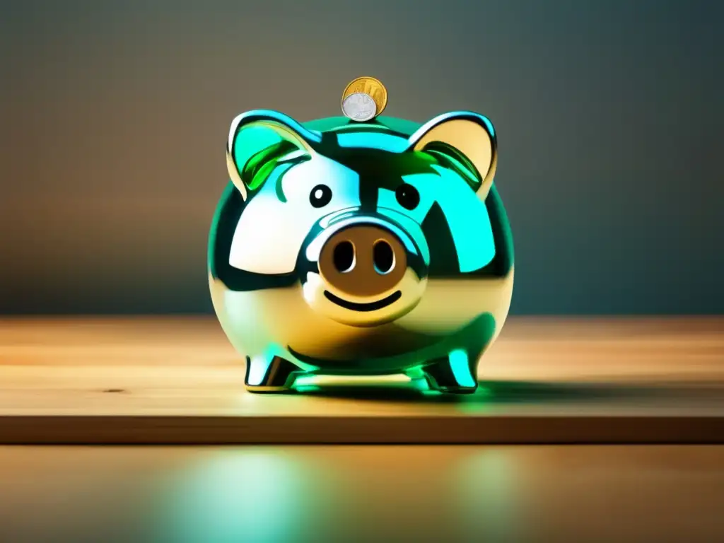 Ahorro y estabilidad financiera Piggy bank de vidrio transparente con monedas coloridas en mesa de madera