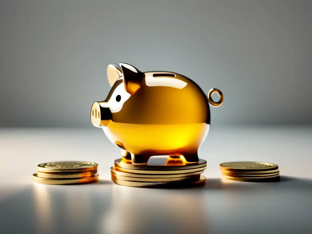 Ahorro asegurado: cerdito de vidrio con monedas doradas Piggy bank con monedas de oro, resaltando seguros de ahorro para freelancers