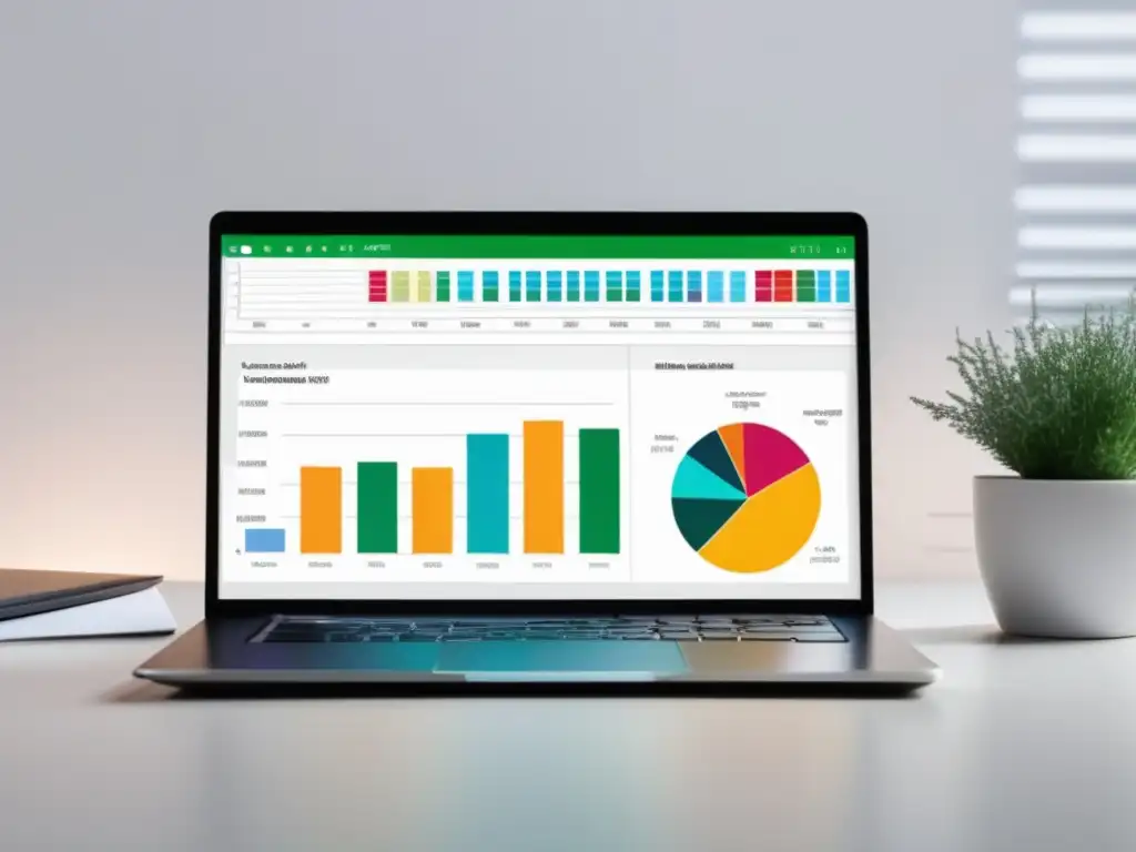 Laptop moderno con gráficos financieros Laptop moderno con iluminación cálida y gráficos financieros, ideal para estrategias financieras de freelancers