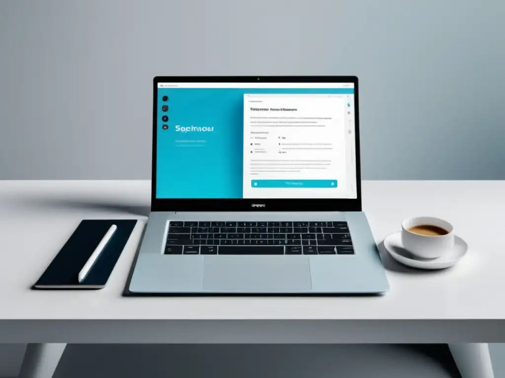 Laptop con plataforma de aprendizaje online Laptop elegante en un escritorio blanco, mostrando una plataforma de aprendizaje en línea intuitiva, para crear y vender cursos y tutoriales