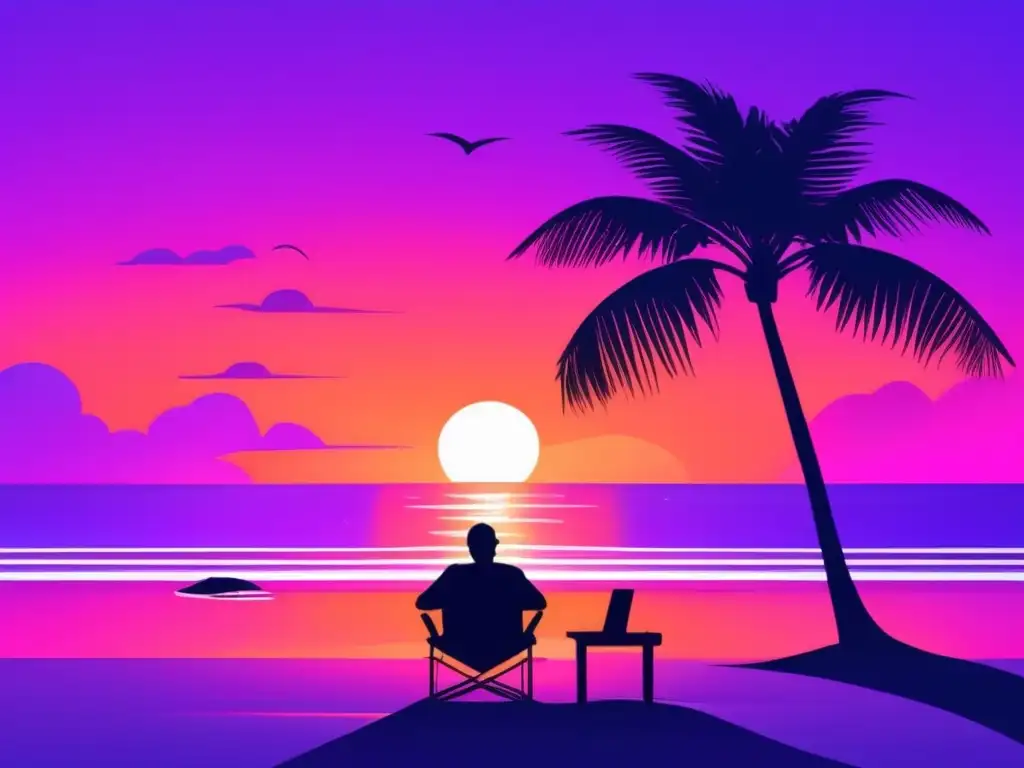 Tranquilidad y libertad en la playa Playa tranquila al atardecer con palmeras y freelancer trabajando