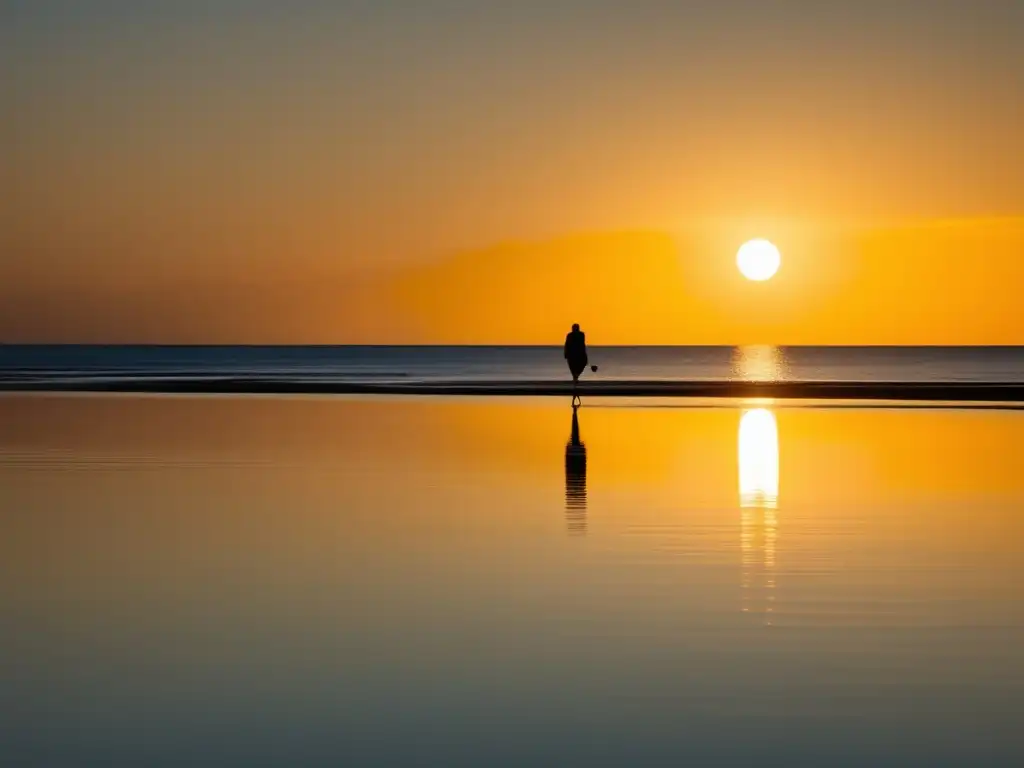Playa serena al atardecer con figura solitaria Playa al atardecer, símbolo de fondo de pensión autónomo para freelancers