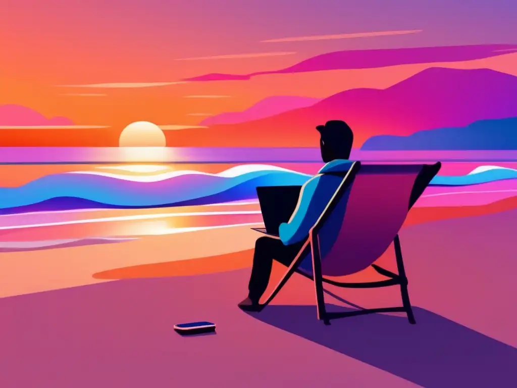 Playa tranquila y trabajo sereno Freelancer disfruta estrategias de administración de flujo de efectivo en playa tranquila al atardecer