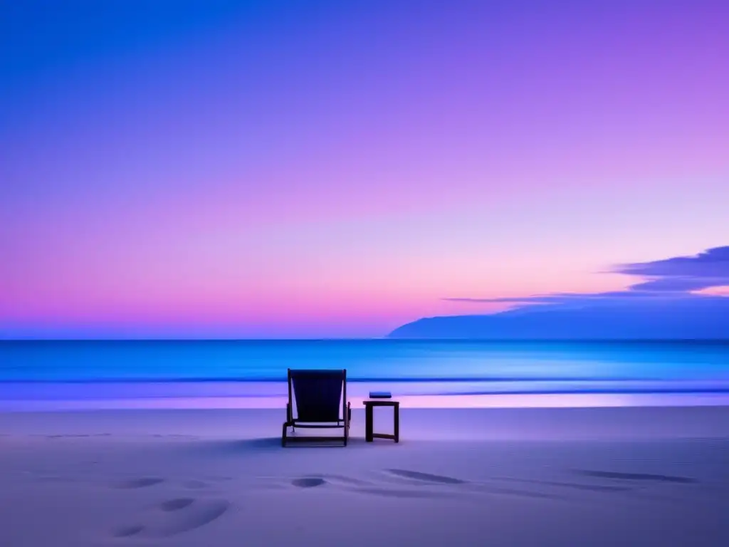 Paisaje sereno en la playa con freelancer Paisaje sereno al atardecer en una playa tranquila con arena suave y un freelancer en una silla minimalista con laptop
