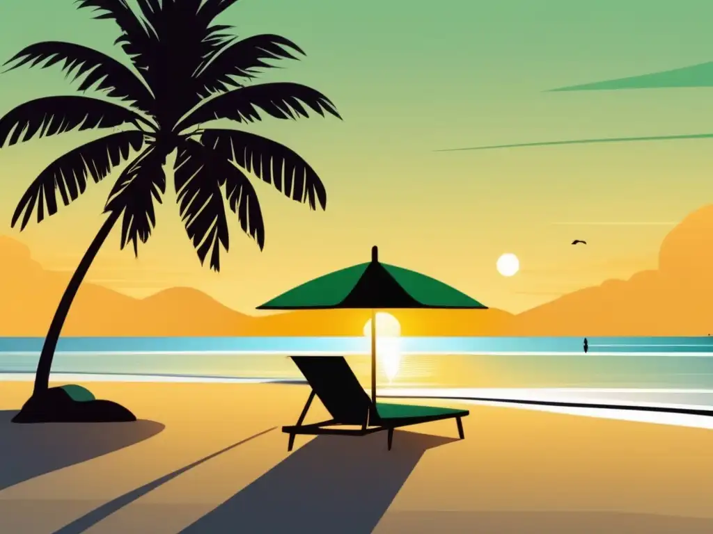 Trabajo relajado en la playa Playa tranquila al atardecer con freelancer trabajando bajo sombrilla - Ahorro para el retiro como freelancer