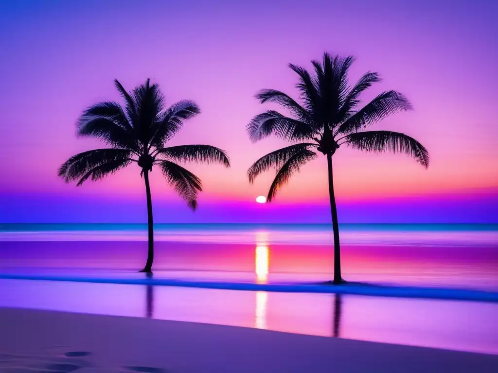 Playa tranquila al atardecer con freelancer trabajando Playa al atardecer con palmeras - ingresos pasivos para freelancers