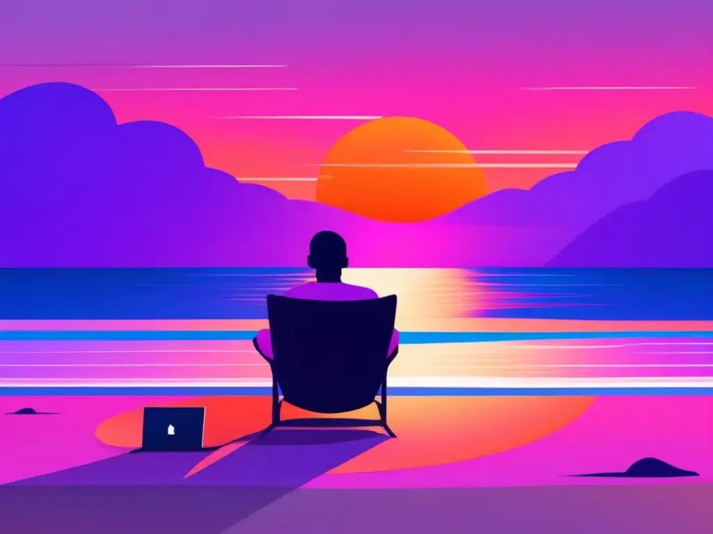 Playa tranquila al atardecer con freelancer Playa tranquila al atardecer, con ingresos pasivos para freelancers