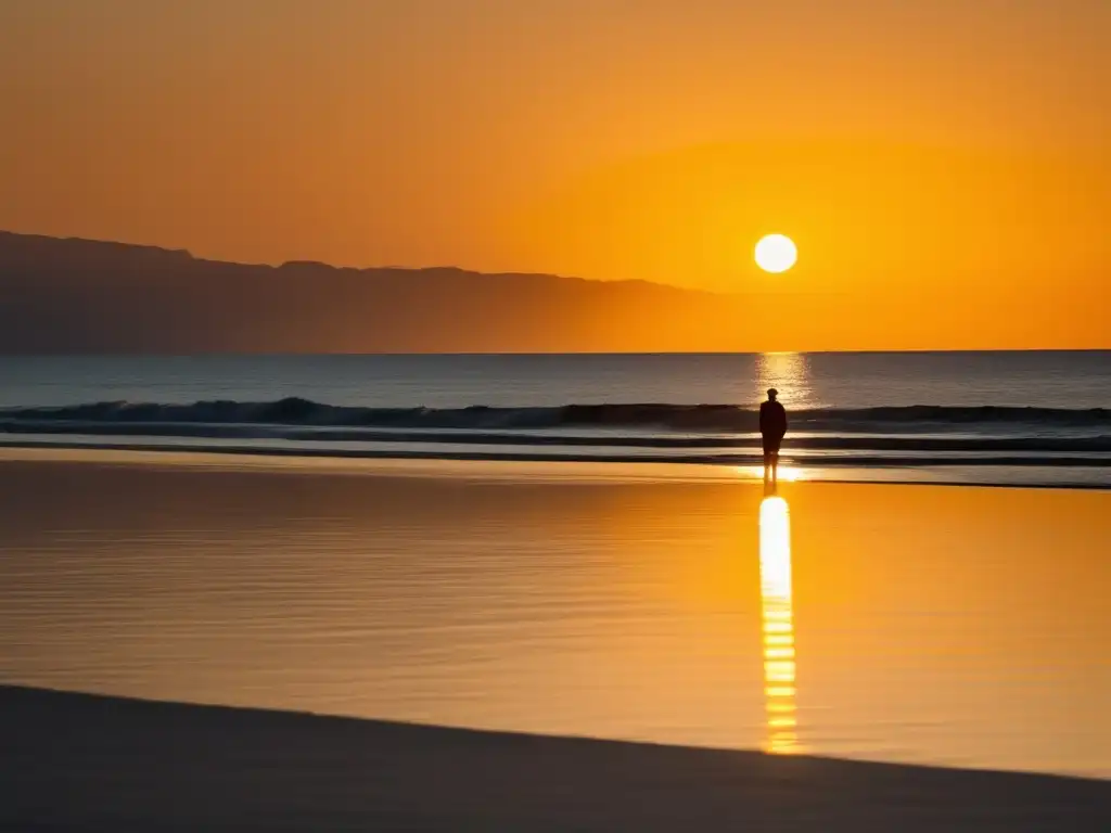 Tranquilidad financiera en la playa al atardecer Playa serena al atardecer, sol dorado y figura solitaria representando libertad financiera para freelancers