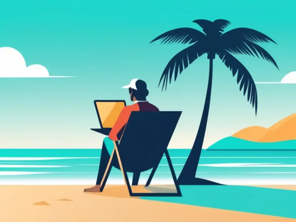 Playa idílica con freelancer trabajando Ahorro para el retiro como freelancer en una imagen minimalista de playa tranquila con una persona en una silla y el mar turquesa
