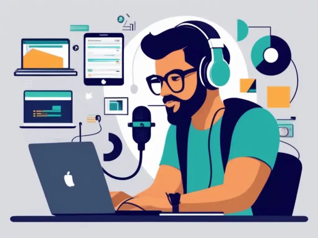Freelancer de podcasting en su escritorio Freelancer editando audio en laptop rodeado de equipo de podcast