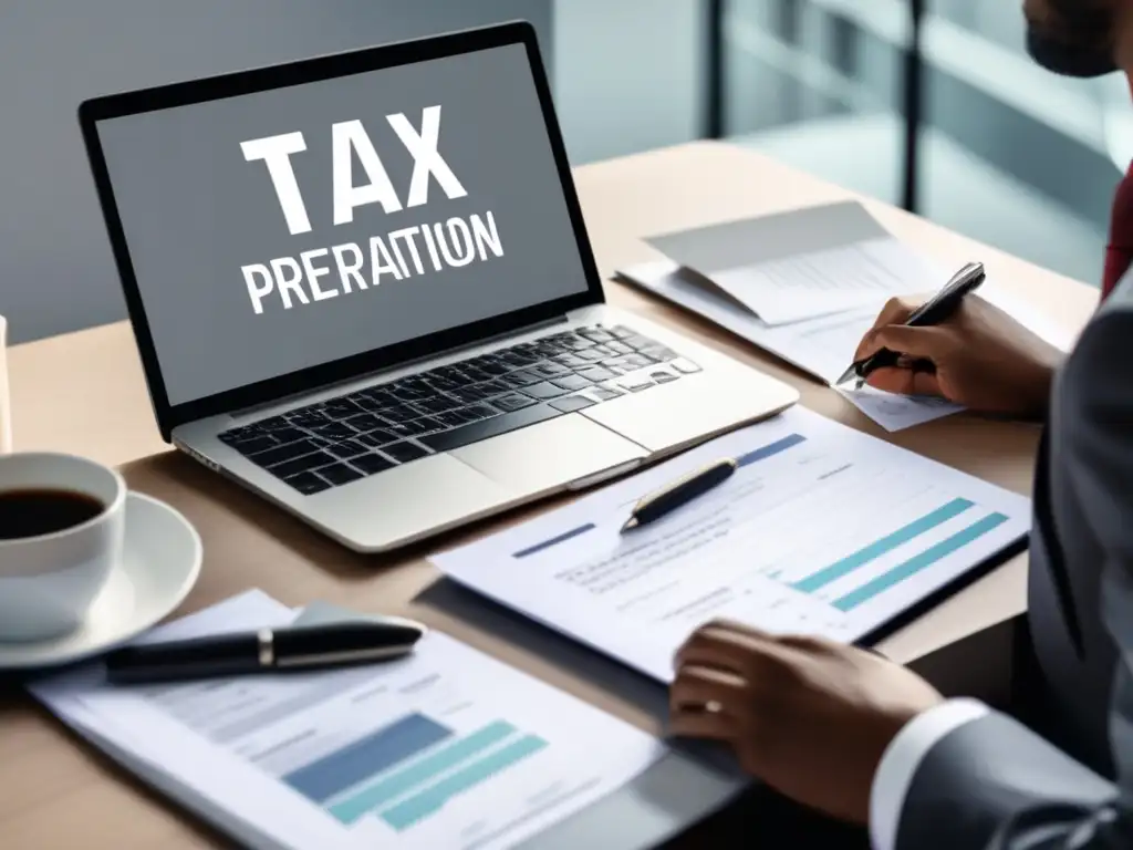 Persona trabajando en la preparación de impuestos Persona en traje en escritorio con papeleo y laptop, enfocado en declaración de impuestos para freelancers