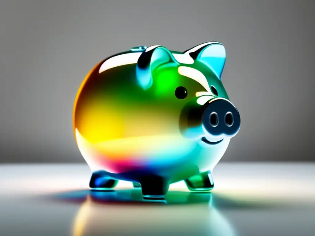 Ahorro financiero para freelancers Colchón financiero para freelancers, imagen minimalista de una alcancía de vidrio transparente con billetes y monedas coloridas