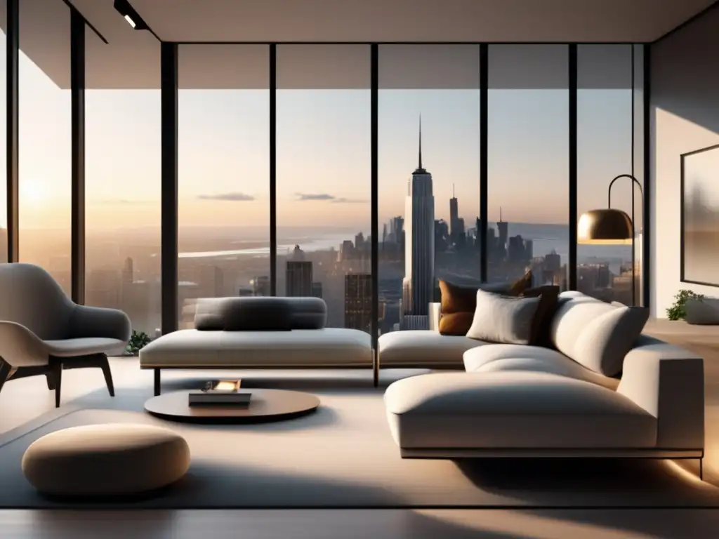 Elegante salón minimalista con vistas urbanas Estrategias de inversión inmobiliaria para freelancers - Sala minimalista con ventanales, skyline urbano y ambiente acogedor