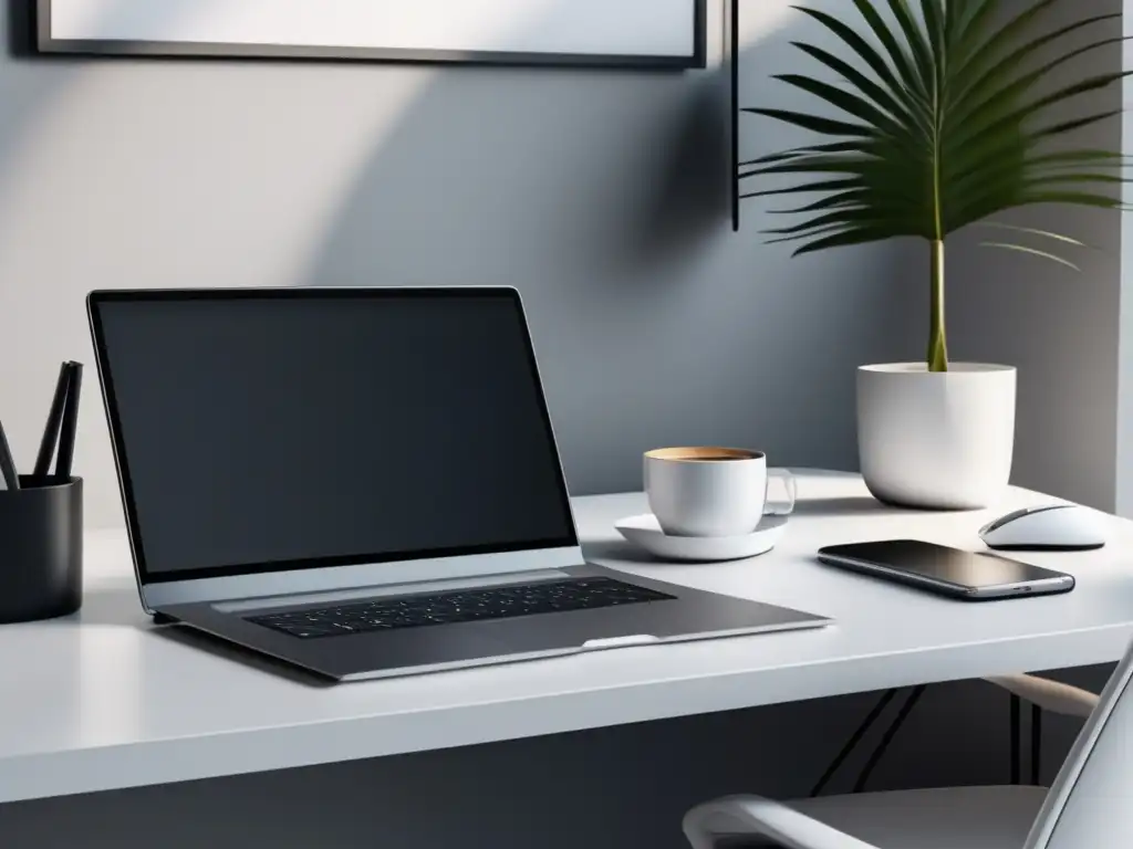 Espacioso escritorio blanco para freelancers Espacio de trabajo minimalista para freelancers con herramientas de inversión
