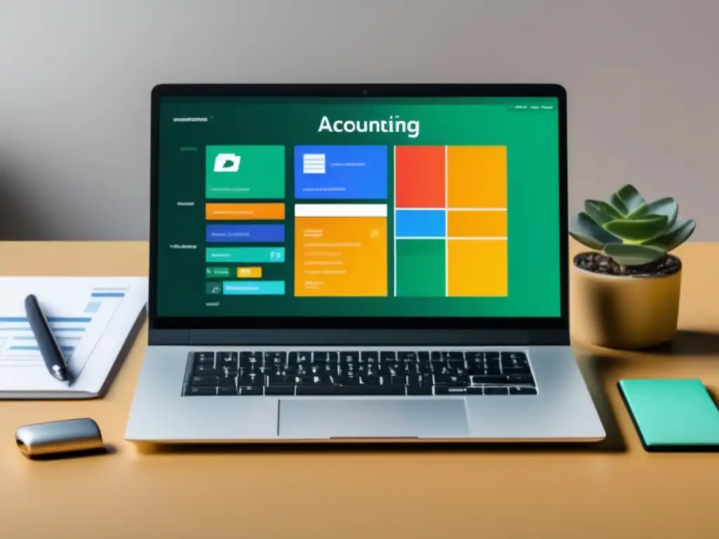 Software contable intuitivo y profesional Herramientas contables para freelancers: laptop con software intuitivo y diseño limpio, acompañado de suministros de oficina minimalistas